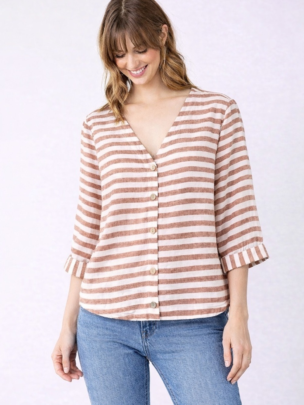 Rachel Zoe 100% Linen Striped Blouse | Neutral Button Front Top Small